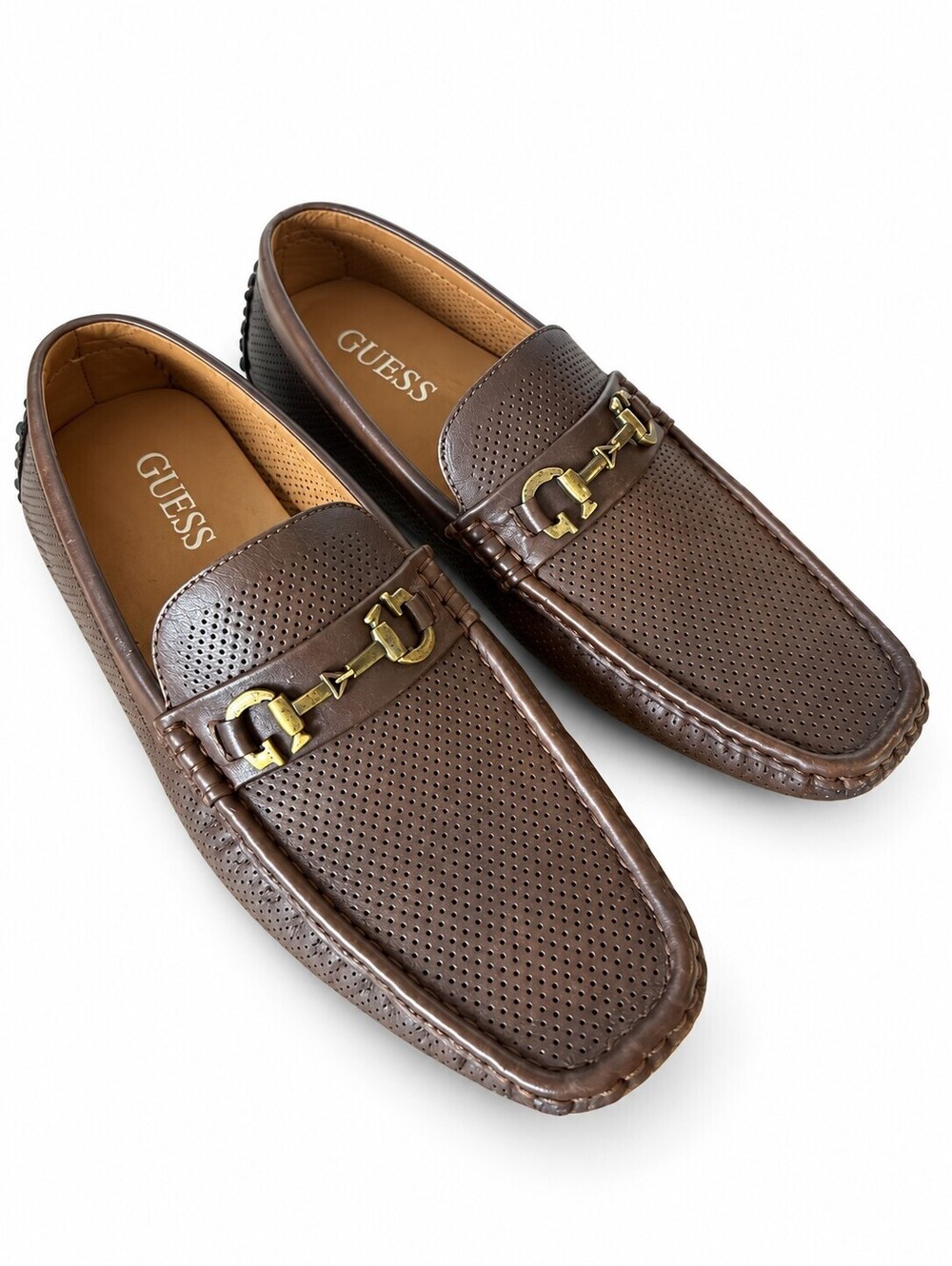 GUESS Mens 9.5 Brown Perforated Horsebit Driving Loafers Preppy Old Money